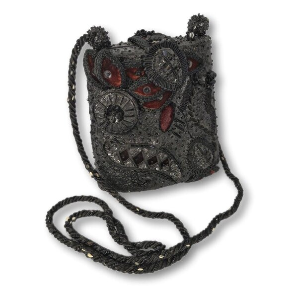 VTG Mary Frances Black Burgundy Velvet Embellished Beaded Small Shoulder Bag - Picture 2 of 16